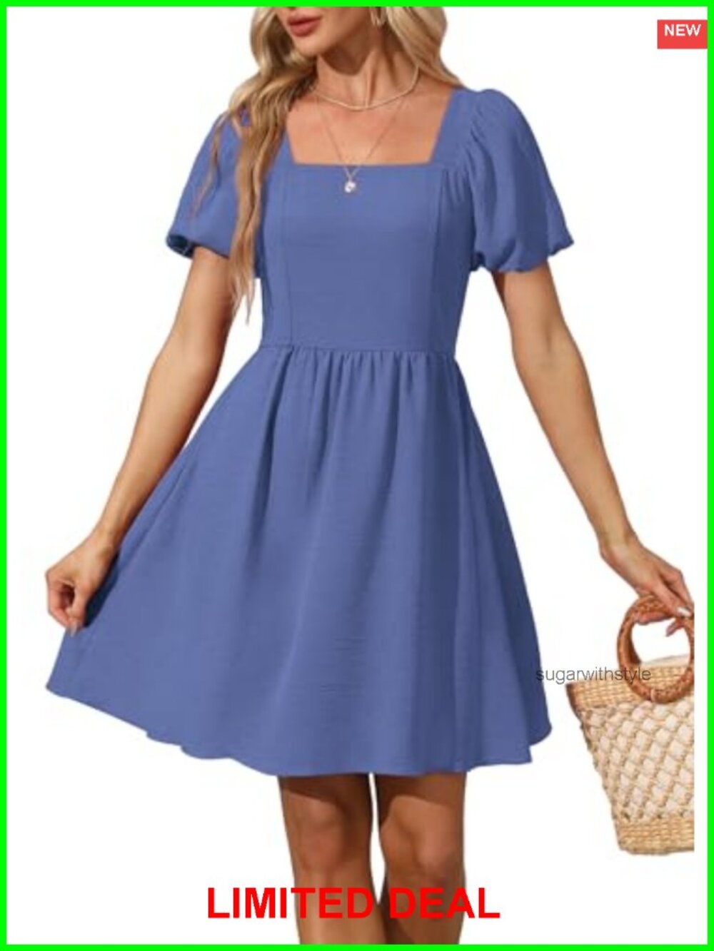 Women Puff Sleeve Square Neck Tie Back Mini Dress with Zipper